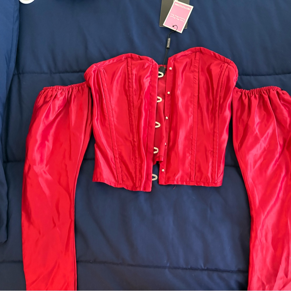 Red Satin Off-Shoulder Shirt